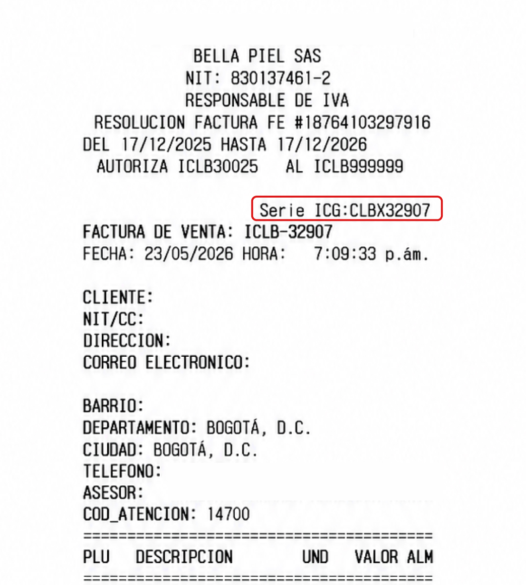 Ejemplo de dónde encontrar el número de factura