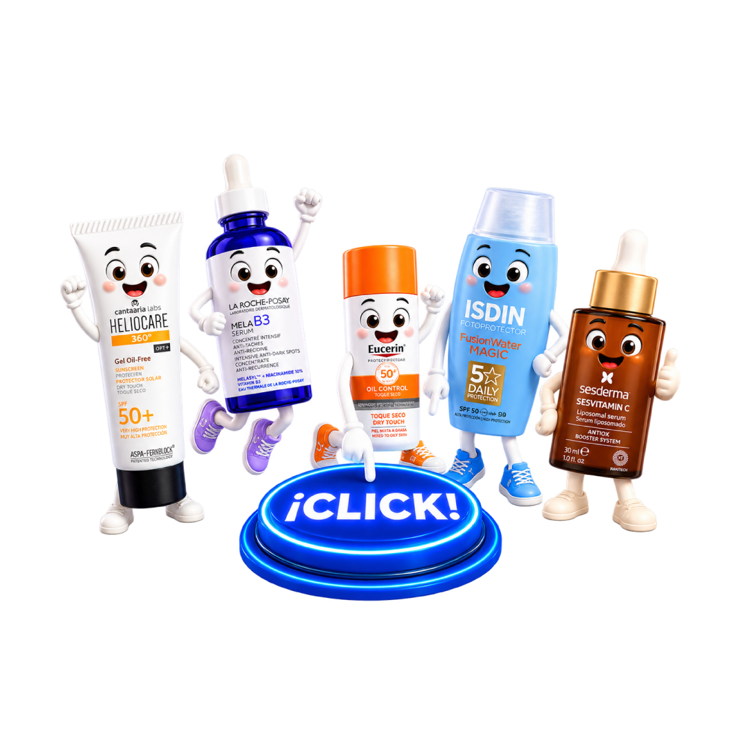 Cinco productos Bella Piel junto al botón ¡Click!